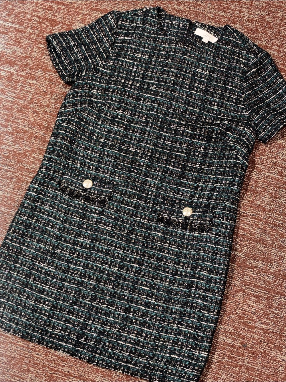 Loft tweed shift dress short sleeve metallic tweed dark green preppy holiday 8